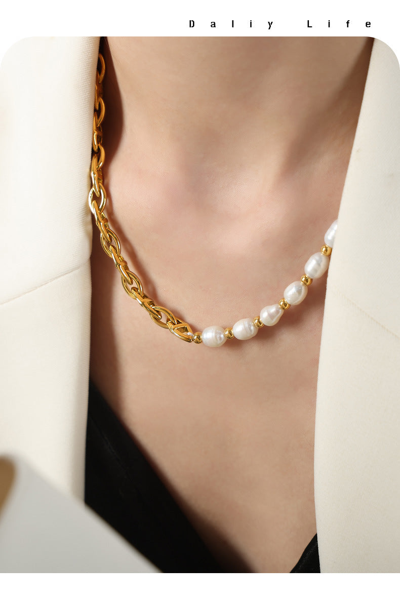 All-Match Titanium Steel Gold-Plated Freshwater Pearl Necklace