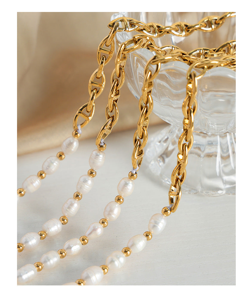 All-Match Titanium Steel Gold-Plated Freshwater Pearl Necklace