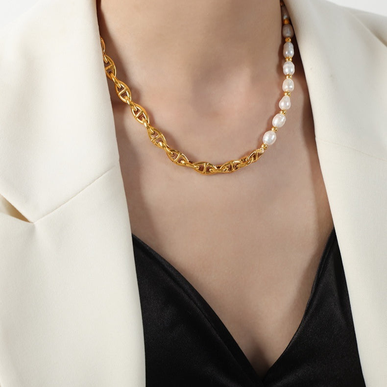 All-Match Titanium Steel Gold-Plated Freshwater Pearl Necklace